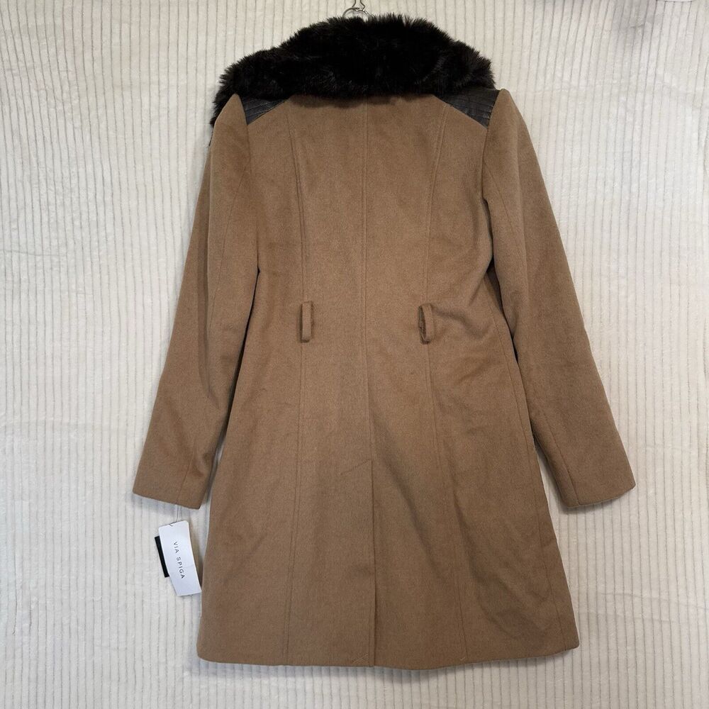 Via Spiga Camel‎ Faux Fur Wool Blend Pea Coat Women Sz 0 NWT $400 No Belt - Picture 6 of 16